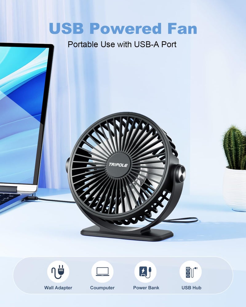 TriPole Desk Fan USB Powered Small Portable Fan, 3 Speeds Adjustable Strong Breeze Mini Personal Fans, 360° Rotation Quiet Plug In USB Fans for Desktop Bedroom Office Table Travel, Black, 4.9ft Cable - Image 4