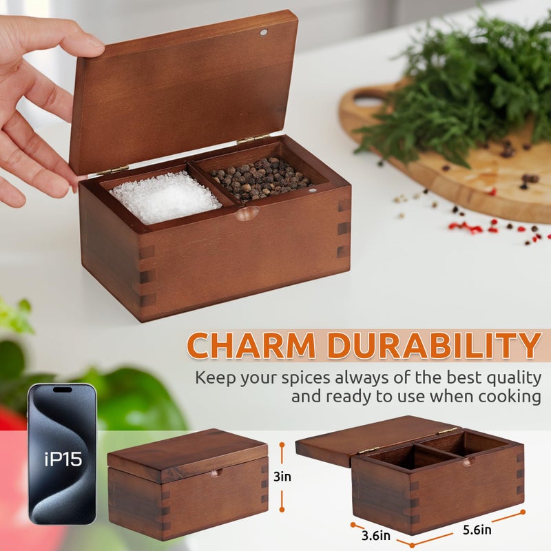 Demigo Salt Cellar Acacia Wood Salt Box with Flip Lid, 5.6x3.6x3 Inches 20 oz Large Storage Space, Perfect Container for Keeping Salt, Spice, Herbs or Favorite Seasonings (Dark Brown) - Image 2
