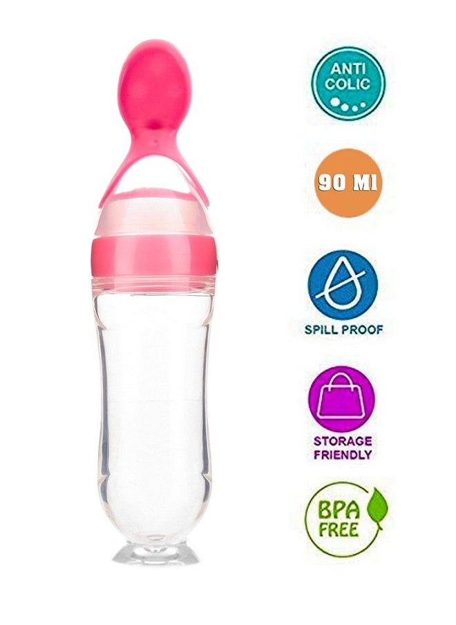 The Little Lookers - Baby Squeezy Food Grade Silicone Feeder Bottle With Spoon Feeder For Infants Baby ; Ceralac Feeder Rice Paste Milk Food Feeder90Ml (Pink) - Image 1