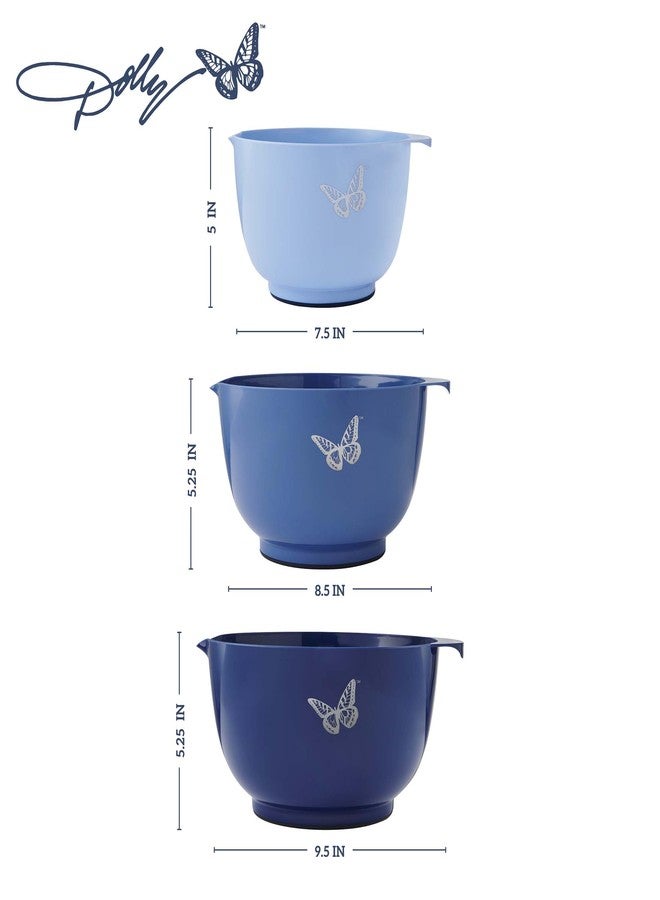 Dolly Parton Mixing Bowl Set, 3 Piece Kitchen Bowl Set with Blue Butterfly Design, Nesting Bowls with Pour Spouts and Nonslip Bases, Dishwasher Safe, 2/3/4 Quart Sizes - Image 2