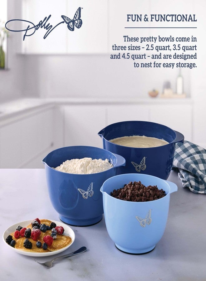 Dolly Parton Mixing Bowl Set, 3 Piece Kitchen Bowl Set with Blue Butterfly Design, Nesting Bowls with Pour Spouts and Nonslip Bases, Dishwasher Safe, 2/3/4 Quart Sizes - Image 3