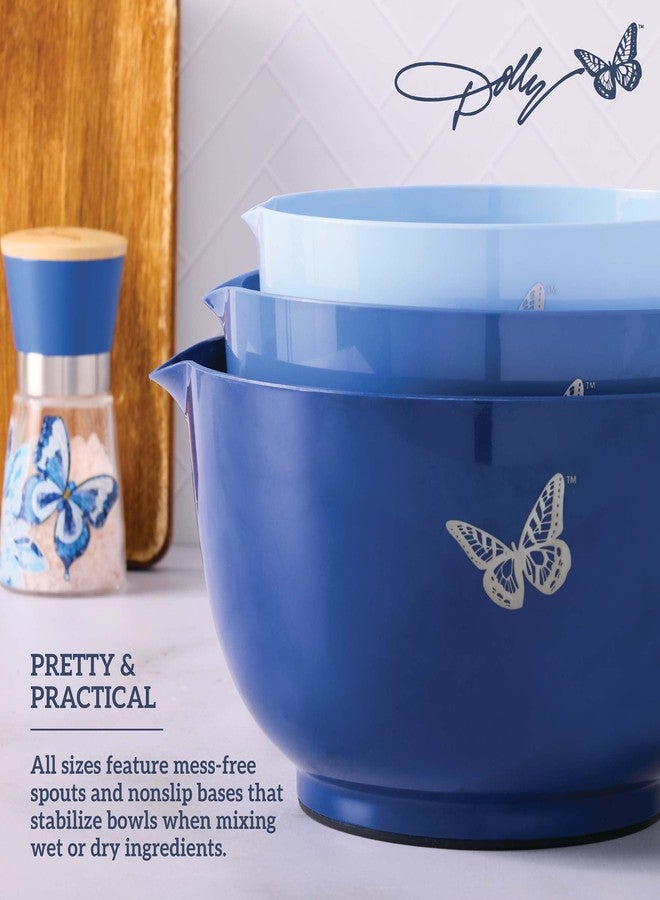 Dolly Parton Mixing Bowl Set, 3 Piece Kitchen Bowl Set with Blue Butterfly Design, Nesting Bowls with Pour Spouts and Nonslip Bases, Dishwasher Safe, 2/3/4 Quart Sizes - Image 5