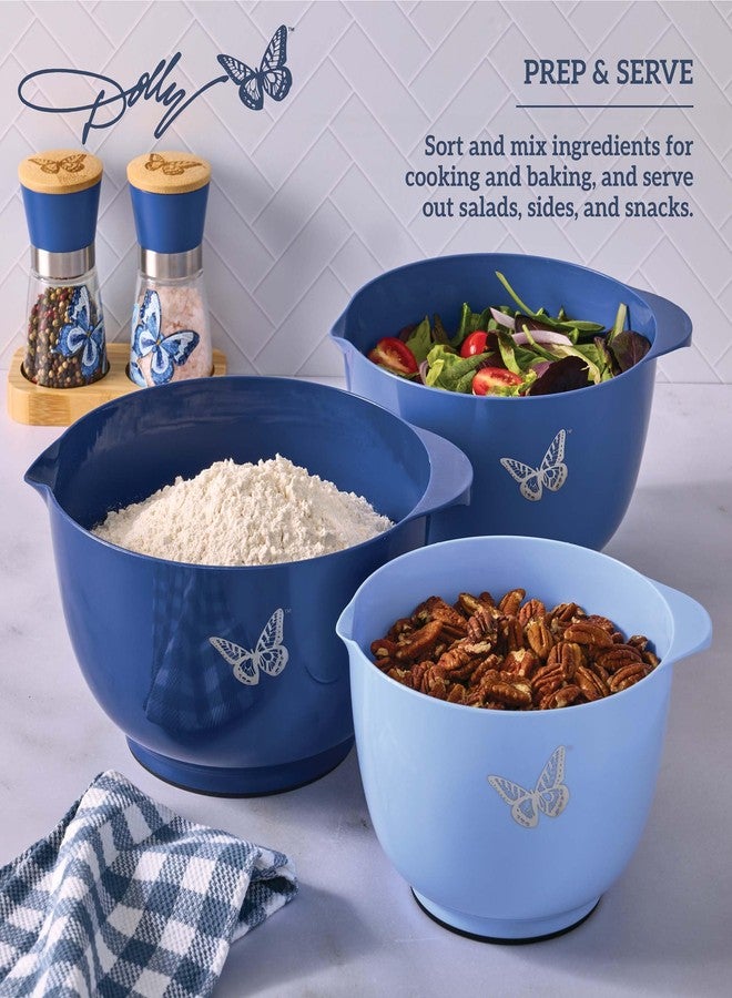 Dolly Parton Mixing Bowl Set, 3 Piece Kitchen Bowl Set with Blue Butterfly Design, Nesting Bowls with Pour Spouts and Nonslip Bases, Dishwasher Safe, 2/3/4 Quart Sizes - Image 4