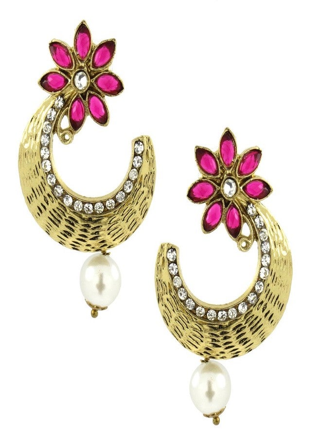 Zivom® Flower Antique Gold Plated Pink Pearl American Diamond Chaand Bali Earring For Women - Image 1