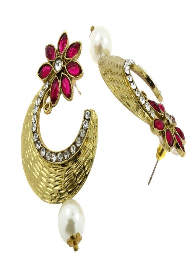 Zivom® Flower Antique Gold Plated Pink Pearl American Diamond Chaand Bali Earring For Women - Image 3
