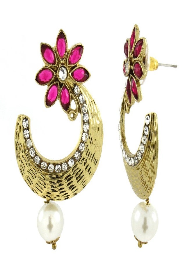 Zivom® Flower Antique Gold Plated Pink Pearl American Diamond Chaand Bali Earring For Women - Image 2