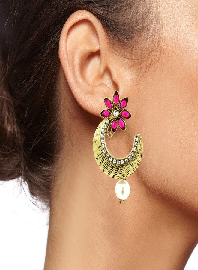 Zivom® Flower Antique Gold Plated Pink Pearl American Diamond Chaand Bali Earring For Women - Image 4