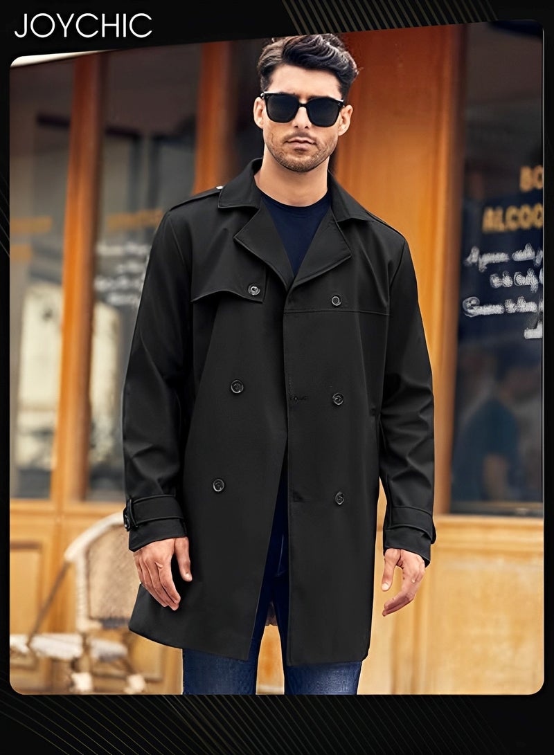 Joychic Solid Color European and American Long-sleeved Windbreaker Men's Double-breasted Casual Trench Coat Black - Image 2