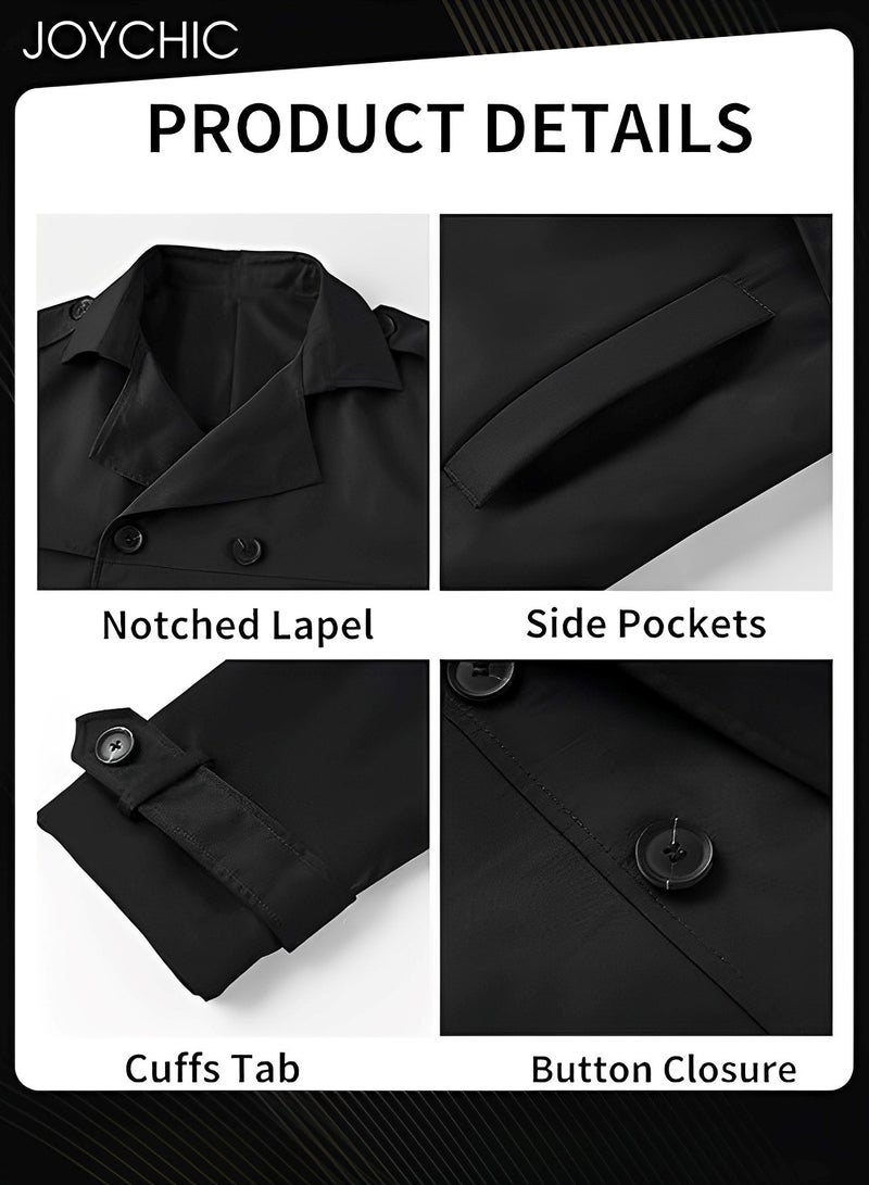 Joychic Solid Color European and American Long-sleeved Windbreaker Men's Double-breasted Casual Trench Coat Black - Image 4