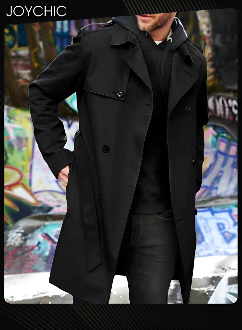 Joychic Solid Color European and American Long-sleeved Windbreaker Men's Double-breasted Casual Trench Coat Black - Image 1