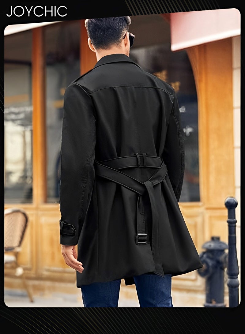 Joychic Solid Color European and American Long-sleeved Windbreaker Men's Double-breasted Casual Trench Coat Black - Image 3