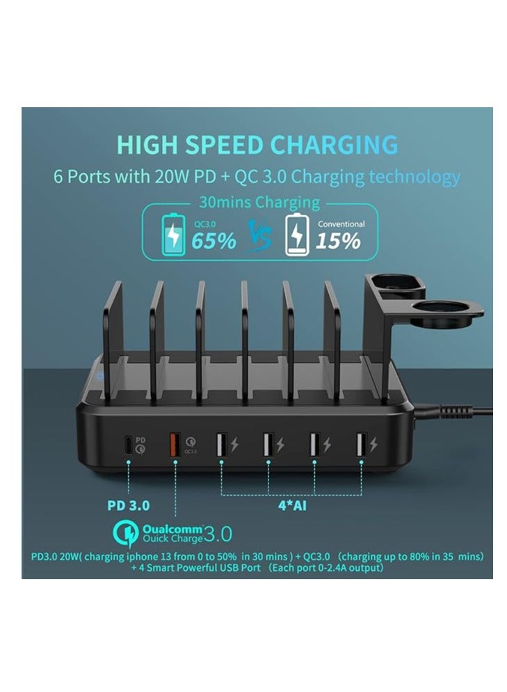 قاعدة شحن لاجهزة متعددة، قاعدة شحن 68 واط 6 منافذ مع بي دي 20 واط USB-C وشحن سريع 3.0، تتضمن 8 كيبلات شحن قصيرة، حامل اي-ووتش، متوافق مع ايفون وايباد والتابلت - Image 2