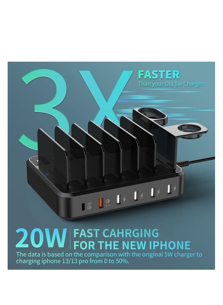 قاعدة شحن لاجهزة متعددة، قاعدة شحن 68 واط 6 منافذ مع بي دي 20 واط USB-C وشحن سريع 3.0، تتضمن 8 كيبلات شحن قصيرة، حامل اي-ووتش، متوافق مع ايفون وايباد والتابلت - Image 3