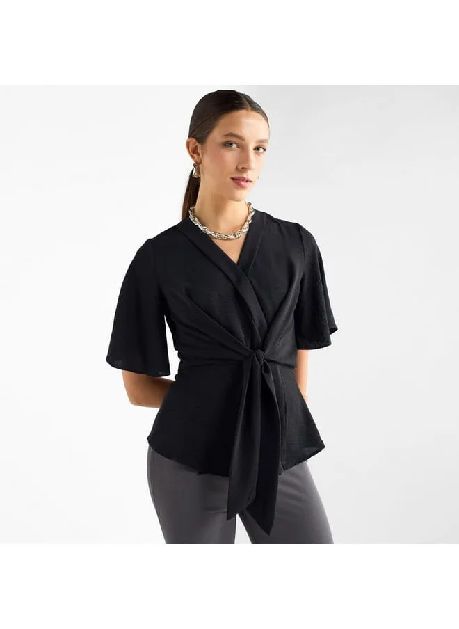 FAV Solid V-neck Top with Flutter Sleeves and Knot Detail