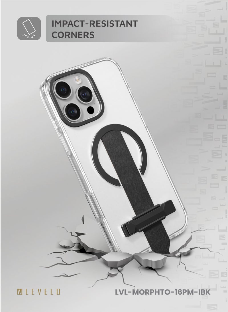 LEVELO iPhone 16 Pro Max Case Morphix Trio / Impact-Resistant Corners / Built-In Kickstand / Clearview Technology / Anti Yellowing / Grip Strap & Metal Hook / MagSafe Compatible - Ink Black - Image 3