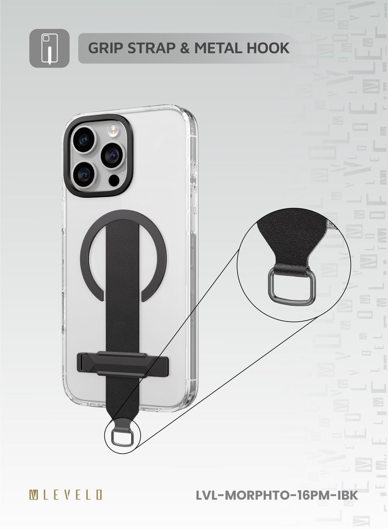 LEVELO iPhone 16 Pro Max Case Morphix Trio / Impact-Resistant Corners / Built-In Kickstand / Clearview Technology / Anti Yellowing / Grip Strap & Metal Hook / MagSafe Compatible - Ink Black - Image 4