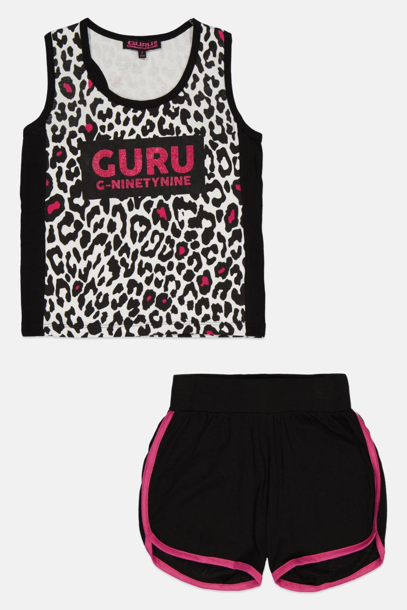 Guru 99 Kids Girl 2 Pieces Animal Print Sleeveless Top And Short Set, Multicolor  - Image 1
