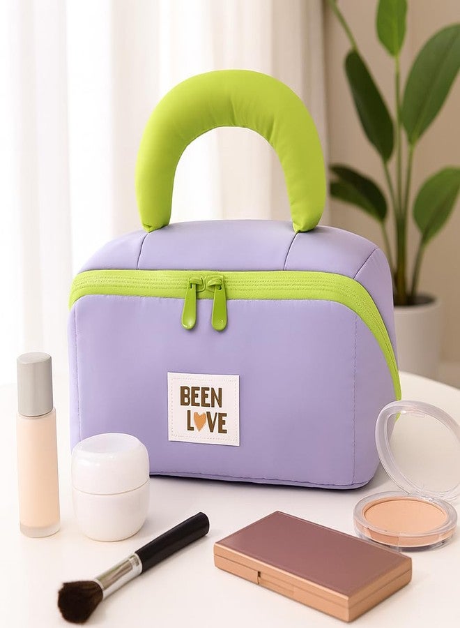 Shopiable Store Travel Makeup Bag for Women | Portable Cosmetic Organizer with Handle & Zipper | Waterproof Toiletry Pouch for Makeup Brushes, Skincare & Accessories (Cross Open Bag, Purple) - Image 2