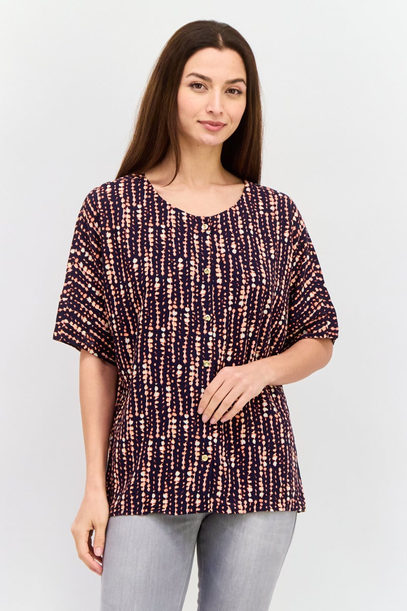 H by Halston Women Round Neck Short Sleeves Allover Printed Shirt, Multicolor - Image 1