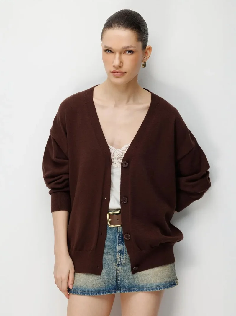 Mixray Coffee Brown MIXRAY Long Ribbed Knitwear Cardigan with V-neck and Button Closure for Women | Best Price UAE