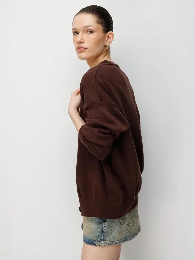 Mixray Coffee Brown MIXRAY Long Ribbed Knitwear Cardigan with V-neck and Button Closure for Women | Best Price UAE