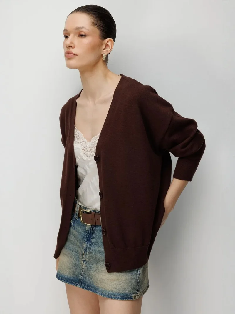 Mixray Coffee Brown MIXRAY Long Ribbed Knitwear Cardigan with V-neck and Button Closure for Women | Best Price UAE