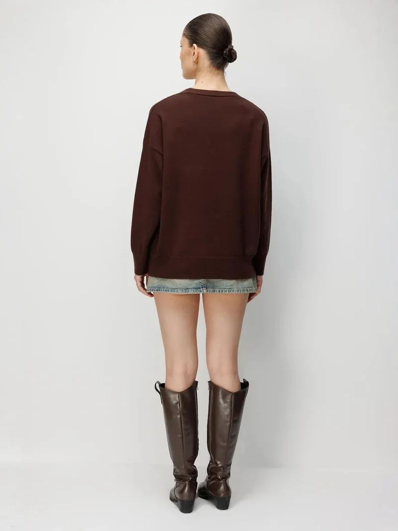 Mixray Coffee Brown MIXRAY Long Ribbed Knitwear Cardigan with V-neck and Button Closure for Women | Best Price UAE
