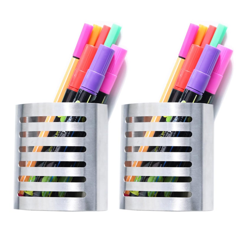 Sanpaint 2 Pack Magnetic Modern Pen and Pencil Holder, Metal Writing Utensil Storage Organizer for Kitchen, Locker, Home, or Office, 3.25" x 1.75" x 3.50", Brushed Stainless Steel - Image 1