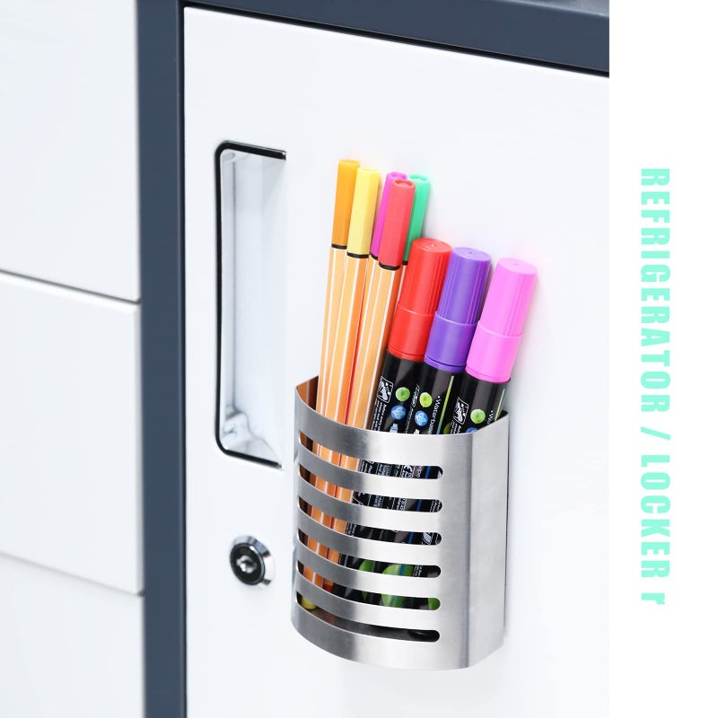 Sanpaint 2 Pack Magnetic Modern Pen and Pencil Holder, Metal Writing Utensil Storage Organizer for Kitchen, Locker, Home, or Office, 3.25" x 1.75" x 3.50", Brushed Stainless Steel - Image 2