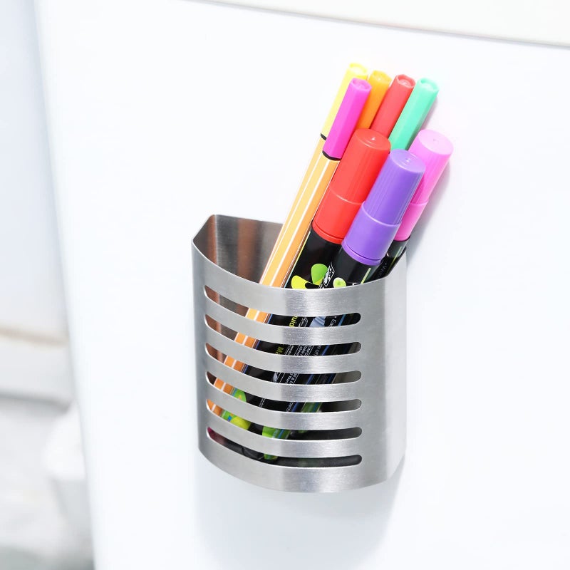 Sanpaint 2 Pack Magnetic Modern Pen and Pencil Holder, Metal Writing Utensil Storage Organizer for Kitchen, Locker, Home, or Office, 3.25" x 1.75" x 3.50", Brushed Stainless Steel - Image 3