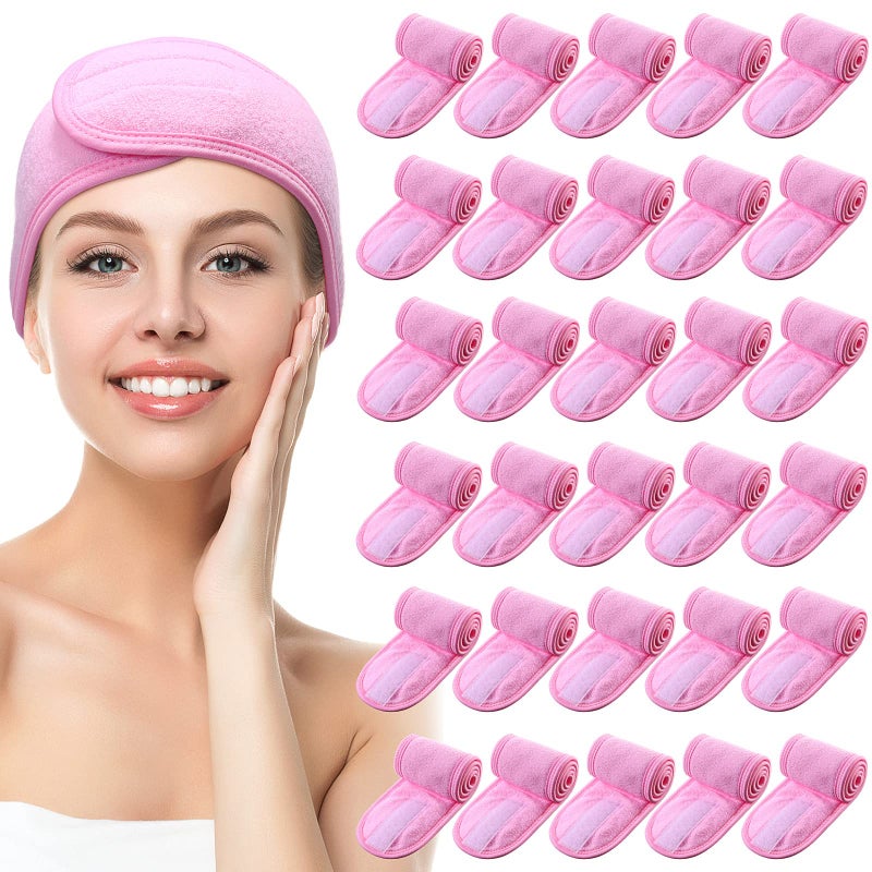 حزمة 30 قطعة من رباط الرأس لمنتجع صحي للوجه للنساء قابل للتعديل لمستحضرات التجميل والرياضة والاستحمام منشفة مرنة مع شريط (وردي)