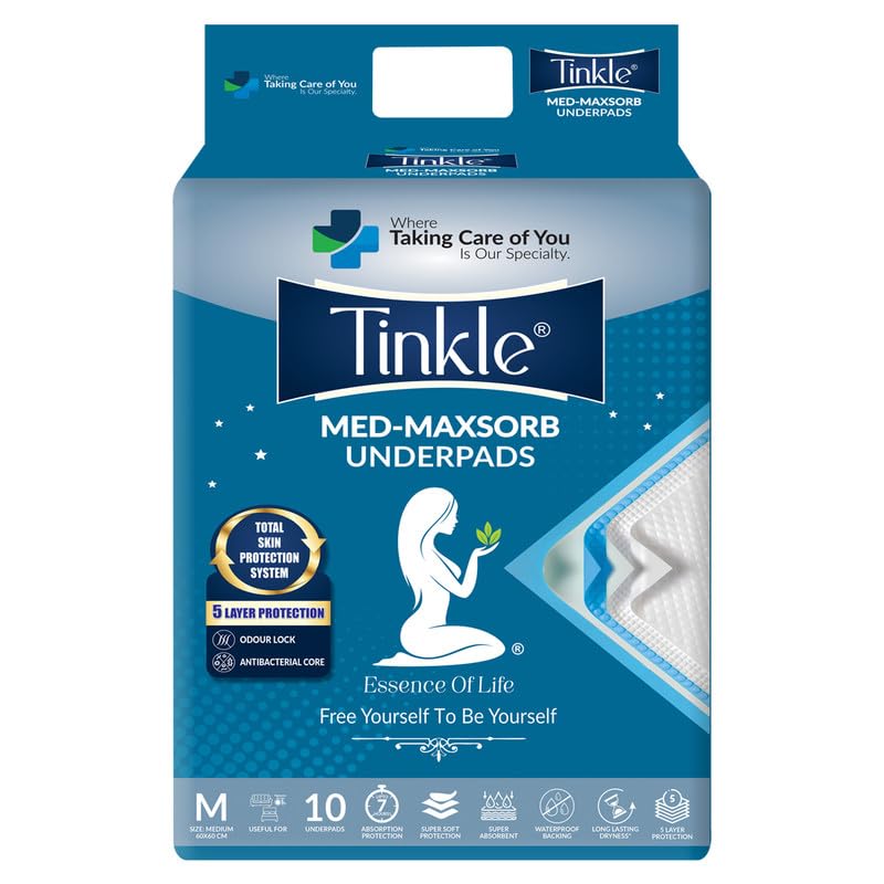 Tinkle Med Maxsorb Disposable Bed Underpad Sheets, Incontinence Bed Pads/Mats Under Sheets, (10 Pcs, Blue, Large, 60x60 cm), Soft Comfort Bed Wetting Protection Sheets for Adults Patients & Hospitals - Image 1