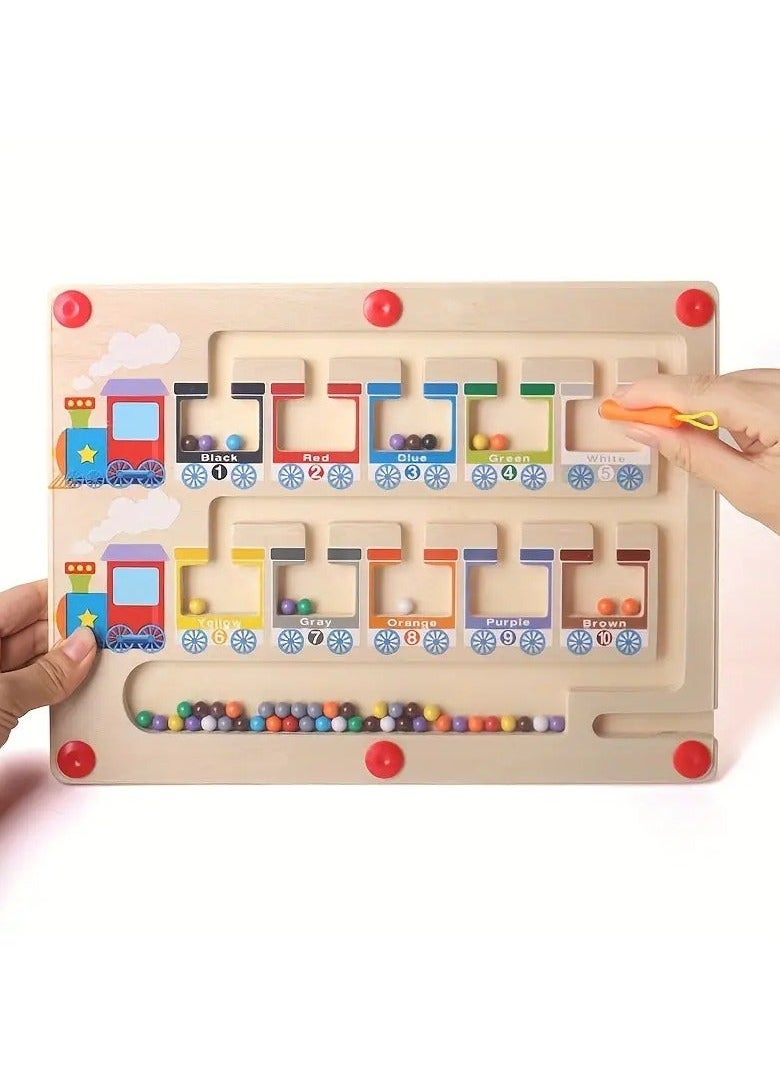 NIBEMINENT Small Train Magnetic Colorful Number Maze Toy, Wooden Magnet Ball Puzzle Board, Fine Motor Skills Activity, Montessori Educational Game Board for Preschoolers  - Image 1