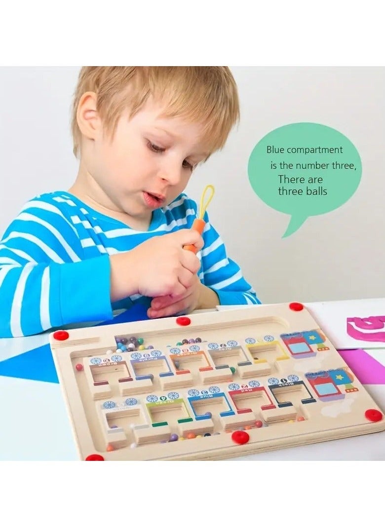 NIBEMINENT Small Train Magnetic Colorful Number Maze Toy, Wooden Magnet Ball Puzzle Board, Fine Motor Skills Activity, Montessori Educational Game Board for Preschoolers  - Image 3