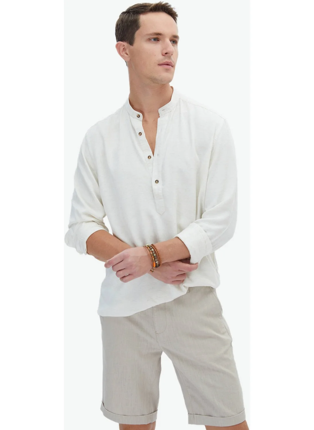 Kip Beige Plain Weave Casual Linen Blend Shirt