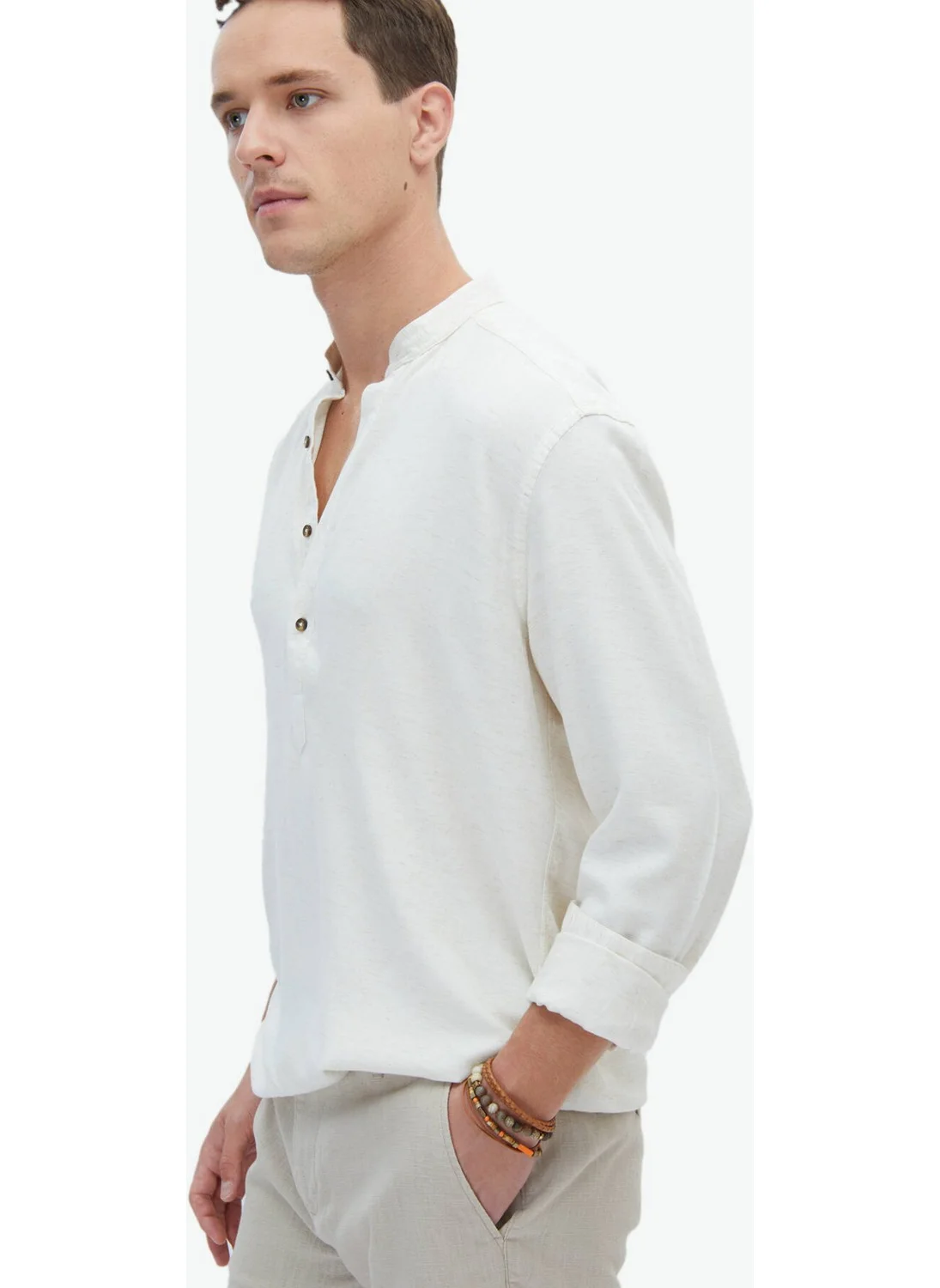 كيب Beige Plain Weave Casual Linen Blend Shirt