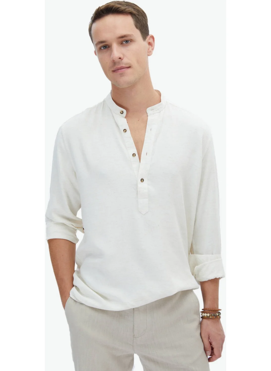 كيب Beige Plain Weave Casual Linen Blend Shirt