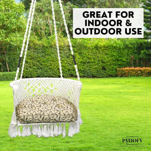 Patiofy Swing/Swing for Balcony/Swing for Adults/Swing Chair for Adults for Home/Premium C Shape Swing with Macrame Floral Design/Hanging Jhula for Adults/Golden Floral Cushion & Hanging Kit Included-White - Image 4
