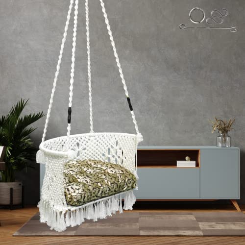 Patiofy Swing/Swing for Balcony/Swing for Adults/Swing Chair for Adults for Home/Premium C Shape Swing with Macrame Floral Design/Hanging Jhula for Adults/Golden Floral Cushion & Hanging Kit Included-White - Image 1
