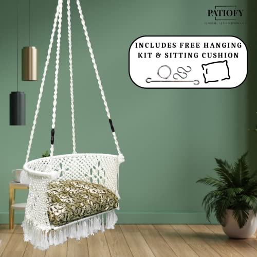 Patiofy Swing/Swing for Balcony/Swing for Adults/Swing Chair for Adults for Home/Premium C Shape Swing with Macrame Floral Design/Hanging Jhula for Adults/Golden Floral Cushion & Hanging Kit Included-White - Image 2