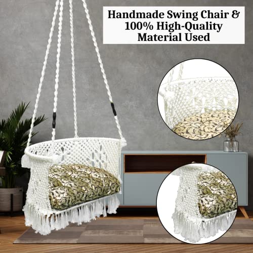 Patiofy Swing/Swing for Balcony/Swing for Adults/Swing Chair for Adults for Home/Premium C Shape Swing with Macrame Floral Design/Hanging Jhula for Adults/Golden Floral Cushion & Hanging Kit Included-White - Image 5