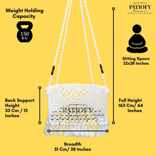 Patiofy Swing/Swing for Balcony/Swing for Adults/Swing Chair for Adults for Home/Premium C Shape Swing with Macrame Floral Design/Hanging Jhula for Adults/Golden Floral Cushion & Hanging Kit Included-White - Image 3