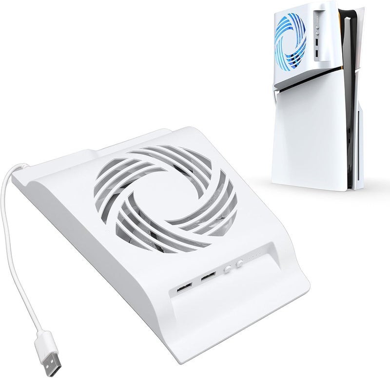 Excefore Fan for PS5 Slim Cooling with Side Heat Dissipation, Automatic Temperature Control, RGB LED Lighting, 3 Speed Adjustable Fan, Dual USB 2.0 Hub, Silent Overheat Prevention Accessory - Image 1