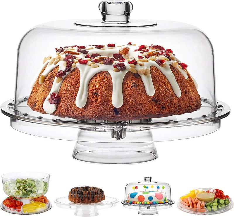 KN Enterprise RT Cake Stand with Lid Gift for Mothers Day Clear 6in1 Acrylic Cake Plate with 12 Dome Cups Dipping Bowls MultiFunction Serving Platter Pack of 1 - Image 1