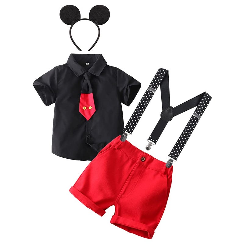IMEKIS Gentleman Mouse 3rd 4th Birthday Cake Smash Photoshoot Outfit for Baby Boys Toddler Kid Shirt Top Necktie Suspenders Shorts Pants Halloween Cosplay Costume Mouse Theme Birthday Party Supply Black 34T