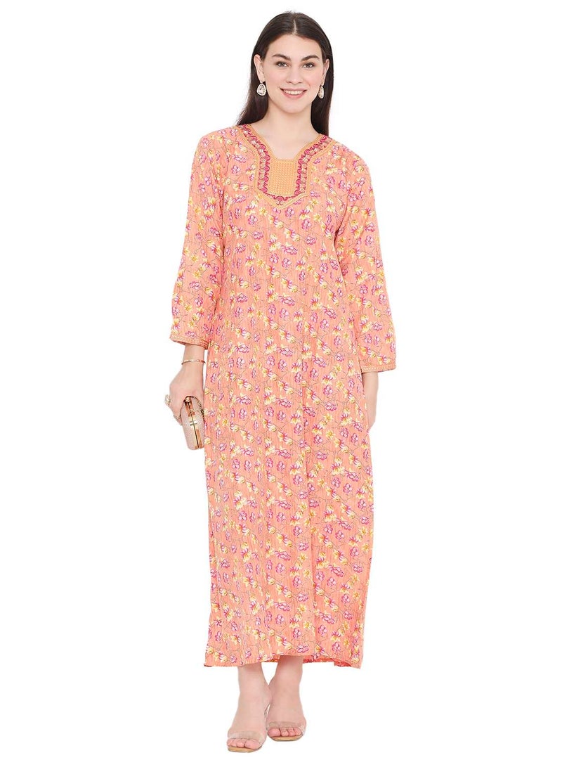 هانا آند سارا جلابية كفتان عربية طويلة أنيقة بطبعات مطرزة بخيوط متعددة الألوان - Image 1