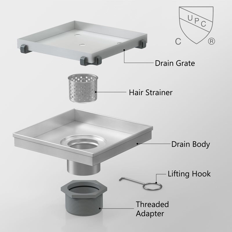 Supvox® Square Shower Drain, Modern Stainless Steel Invisible Tile-in Bathroom Floor Drain Strainer for 75-110mm Pipes, Durable Rust-Resistant, Efficient Water Drainage, Easy Installation, 12x12cm - Image 3