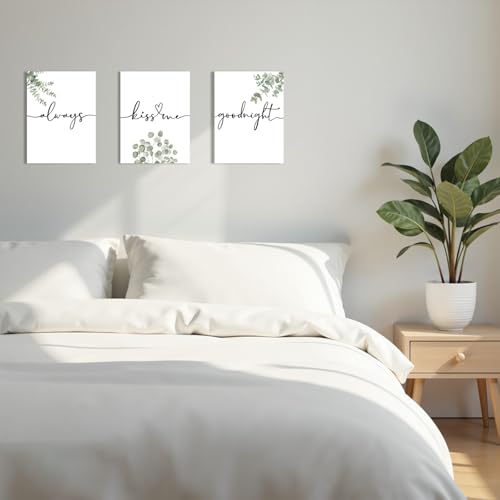 1 KINGO Always Kiss Me Goodnight Bedroom Wall Art: Set of 3 Boho Botanical Wall Decor Canvas Prints 12"x16", Sage Green Eucalyptus Pictures Decor Over The Bed for Farmhouse Master Bedroom - Image 4