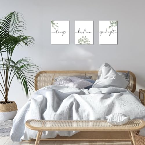1 KINGO Always Kiss Me Goodnight Bedroom Wall Art: Set of 3 Boho Botanical Wall Decor Canvas Prints 12"x16", Sage Green Eucalyptus Pictures Decor Over The Bed for Farmhouse Master Bedroom - Image 2