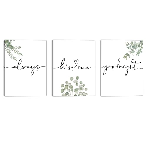 1 KINGO Always Kiss Me Goodnight Bedroom Wall Art: Set of 3 Boho Botanical Wall Decor Canvas Prints 12"x16", Sage Green Eucalyptus Pictures Decor Over The Bed for Farmhouse Master Bedroom - Image 1